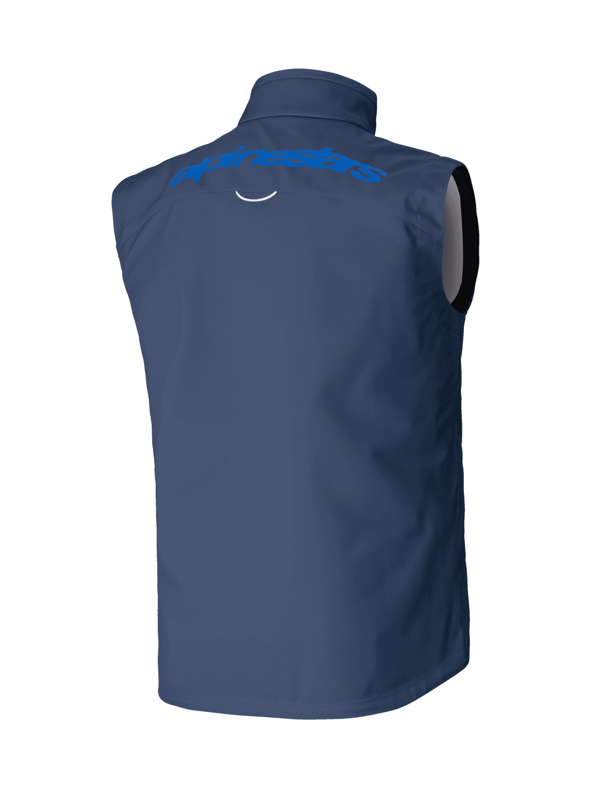 Alpinestars Techstar Softshell Vest, Navy Blue, back view featuring a light blue Alpinestars wordmark across the shoulders, windproof stretch softshell construction for motocross and off-road riding.