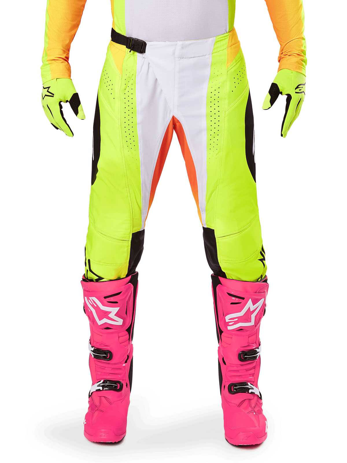 Alpinestars 2025 Techstar Melt Pants, Motocross Pants, Neon Yellow and White with Orange accents, worn with matching yellow gloves and bright pink motocross boots, features perforated ventilation panels and magnetic waist buckle, high-performance racing gear.