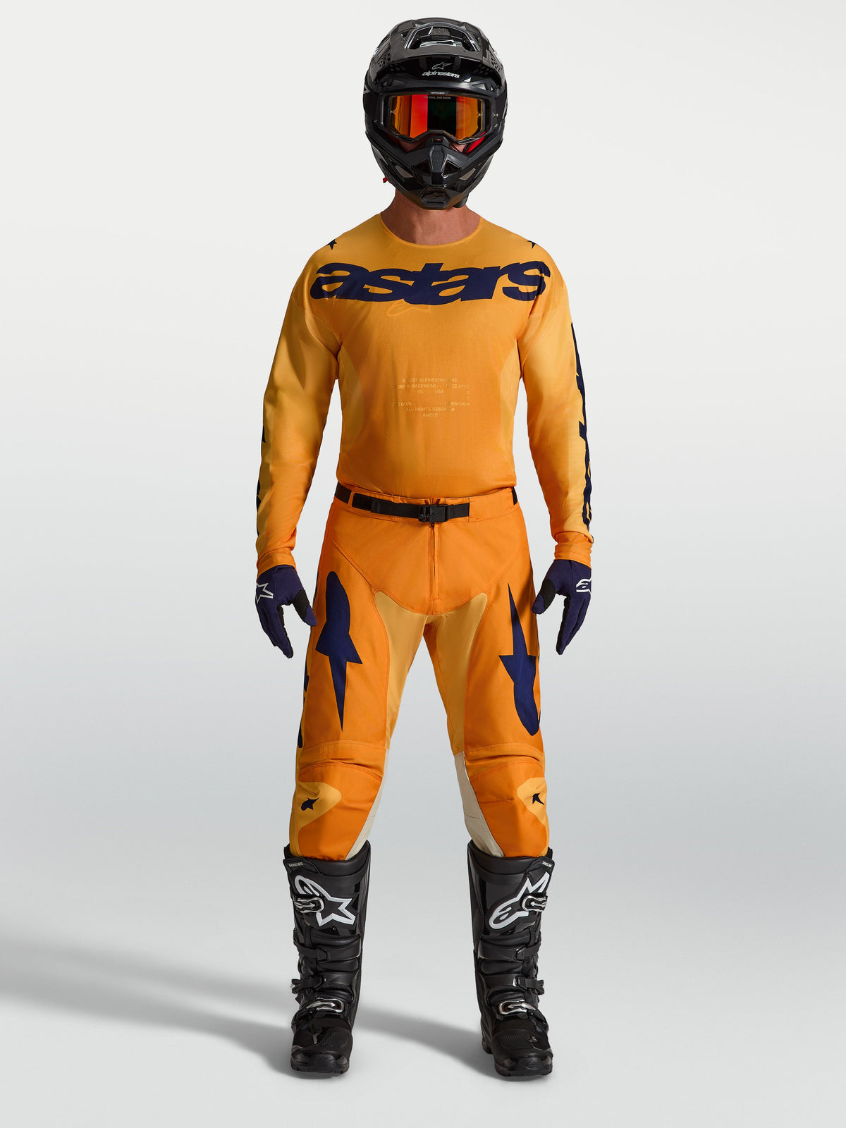 Alpinestars 2027 Racer Amber Gear Set AND Pants, orange and deep blue motocross racing kit with jersey and boots.