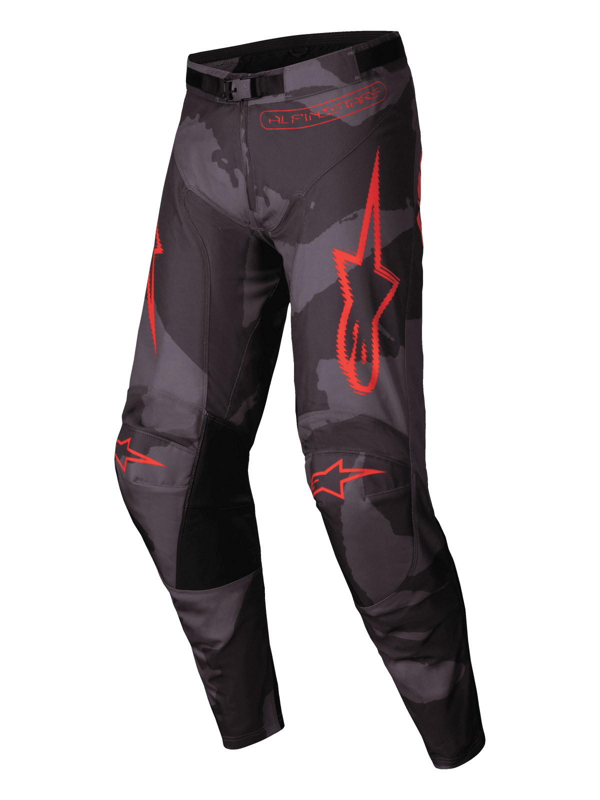 Alpinestars 2025 Racer Hollow Pants, Motocross Pants, Gray Camo and Orange Fluo, tactical camouflage pattern with vibrant orange logos, ergonomic pre-curved leg design, durable construction for off-road performance