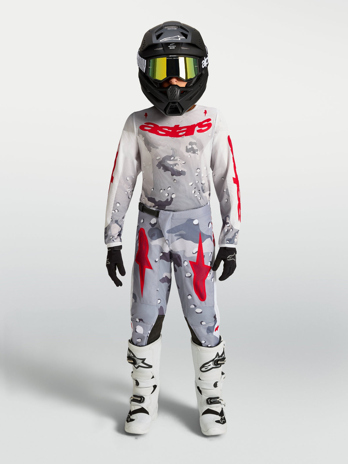 Alpinestars Youth Fluid Lone Pants, motocross racing, gray camo and fire red, durable textile construction.