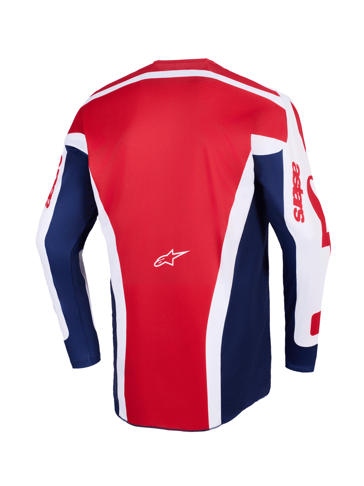 Alpinestars 2026 Racer Riway Jersey, Motocross Jersey, White Blue Red, back view showing a large red center panel with white angular accents, blue side panels, and white sleeves with red astars branding, featuring a small white Alpinestars logo in the center.