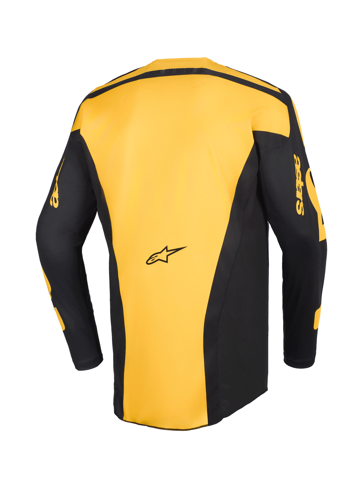 Alpinestars 2026 Racer Riway Jersey, Motocross Jersey, Yellow and Black, back view showing yellow center panel and black sleeves with yellow 'astars' branding, ergonomic design for off-road racing.