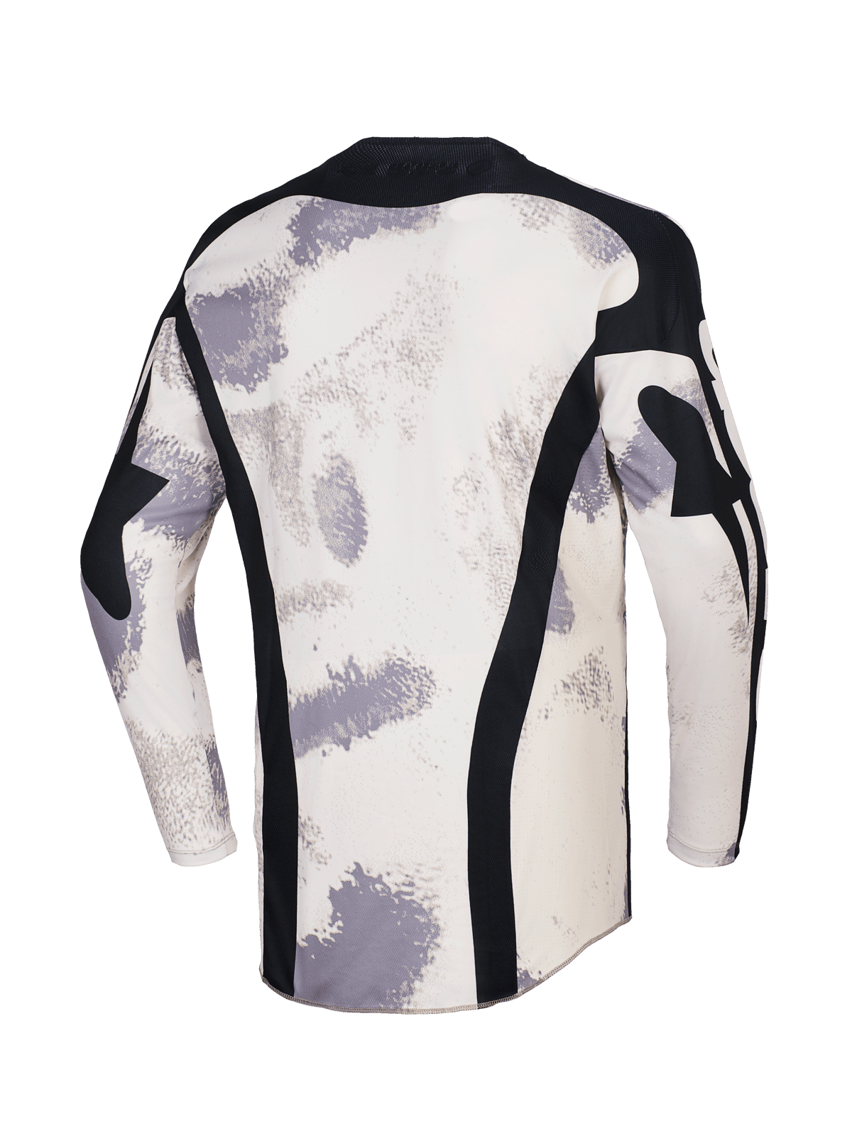 Alpinestars 2026 Racer Lahnd Jersey, Motocross Jersey, Sand Camo with off-white and gray brushstroke patterns, back view featuring vertical black mesh panels, black collar, and extended rear profile for coverage.