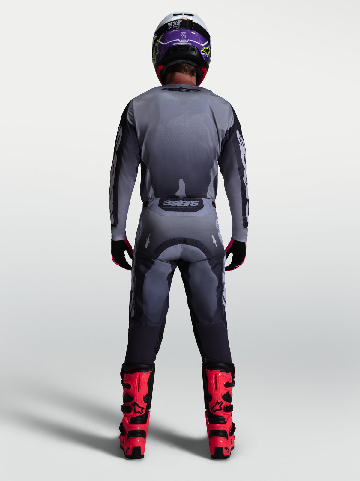 Alpinestars 2027 Racer Amber Gear Set, back view of Men's Gray and Lilac Motocross Jersey and Pants on-model.