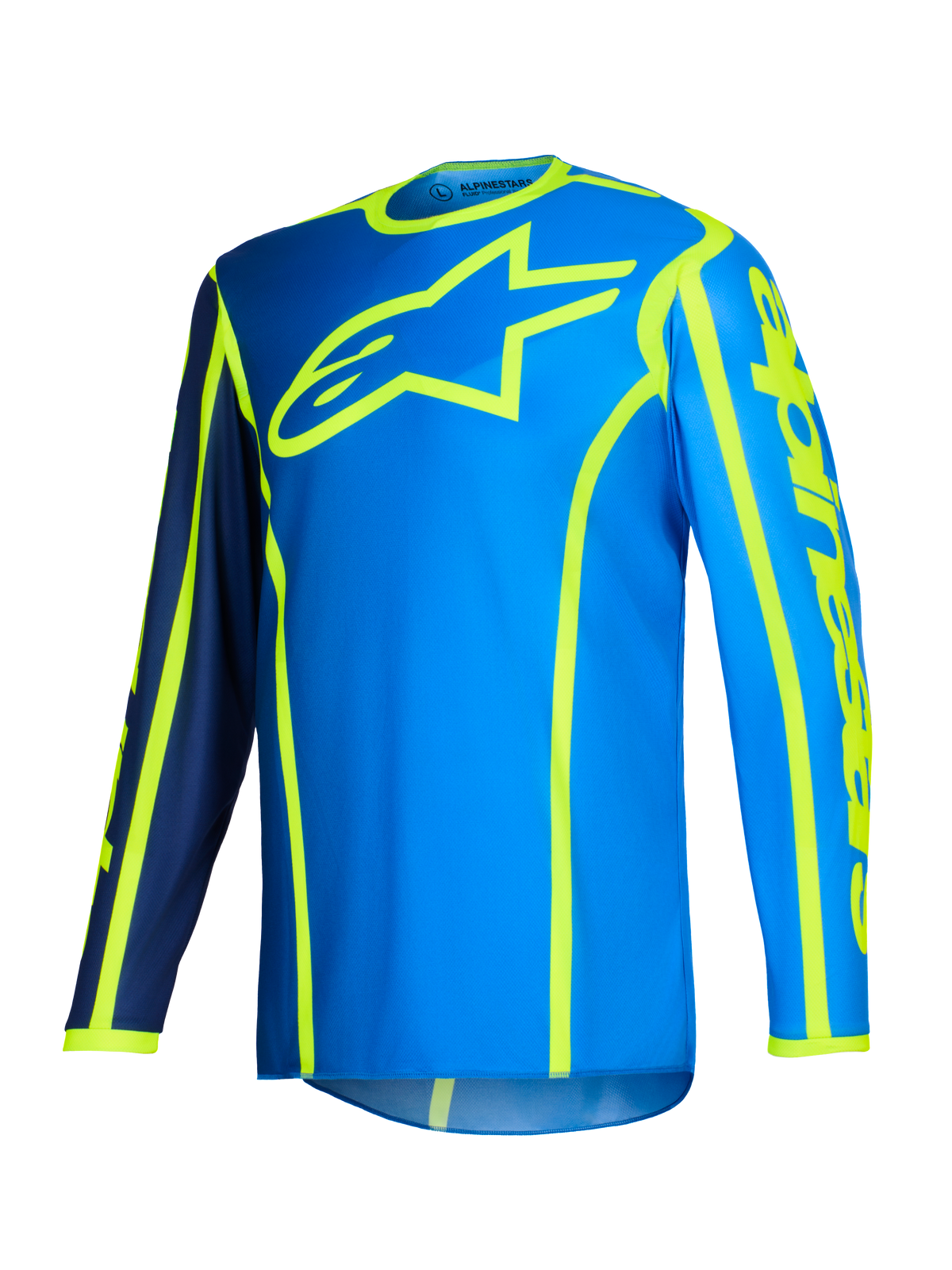 Alpinestars 2026 Fluid Apex Jersey, Motocross Jersey, Blue and Yellow Fluo, large fluorescent yellow star logo on the chest, long sleeves with navy blue and bright blue sections, vertical branding on the arm, sporty off-road gear