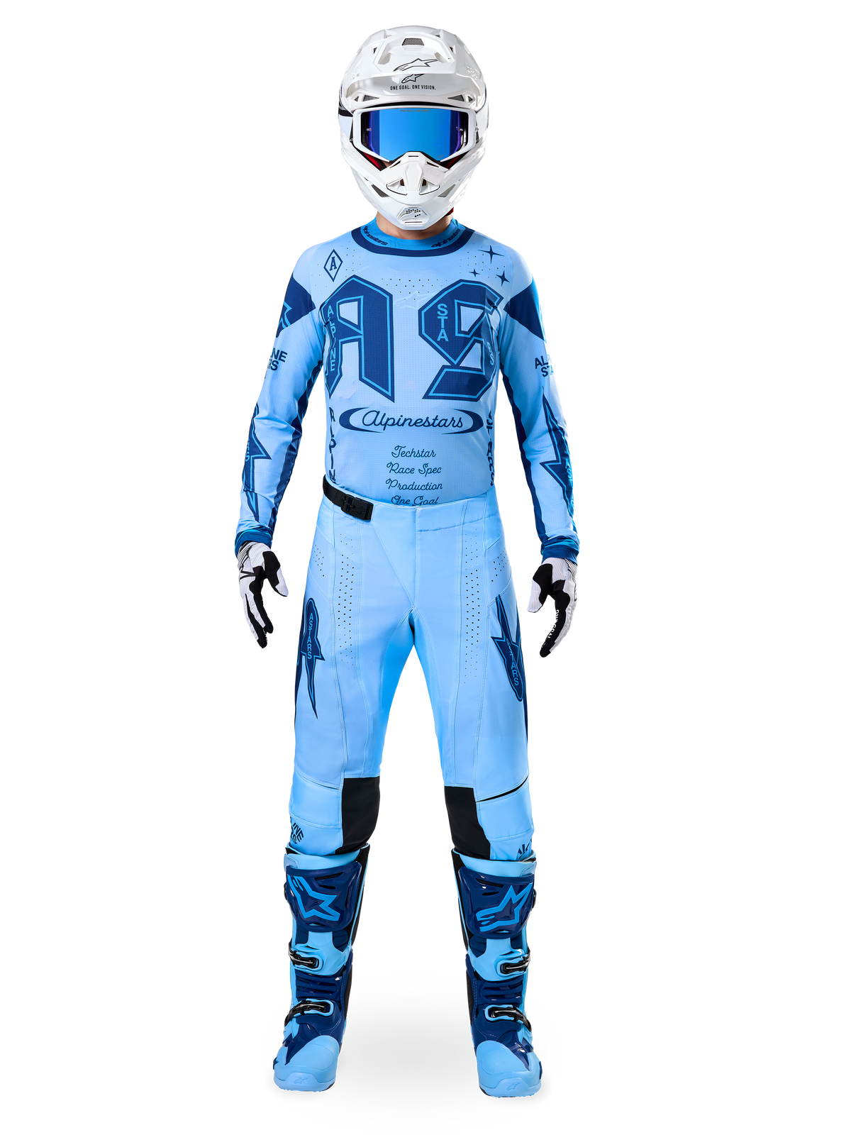 Alpinestars Limited Edition Techstar Steeler Jersey, sapphire blue men's motocross gear set with matching pants and helmet.