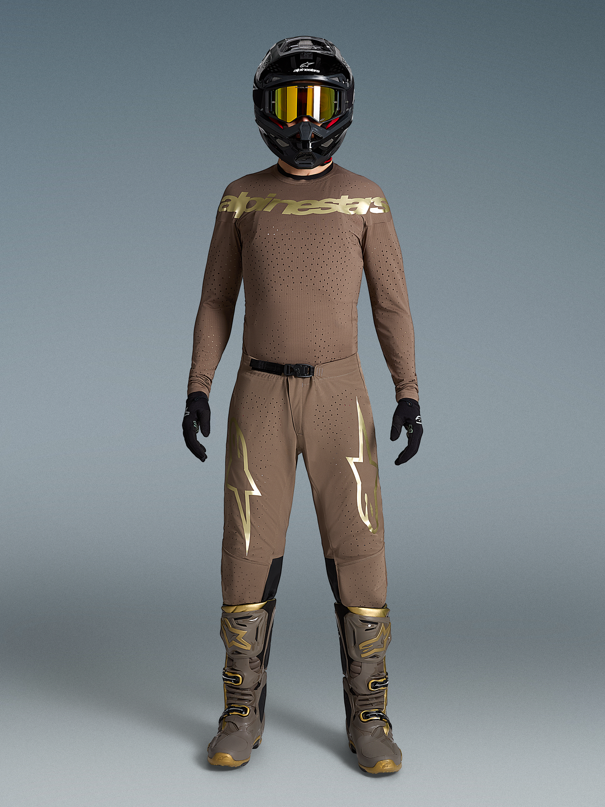 Alpinestars Limited Edition Supertech Air Gold Jersey and Pants, Motocross Gear, Men's, Earth Brown and Gold, ventilated mesh.