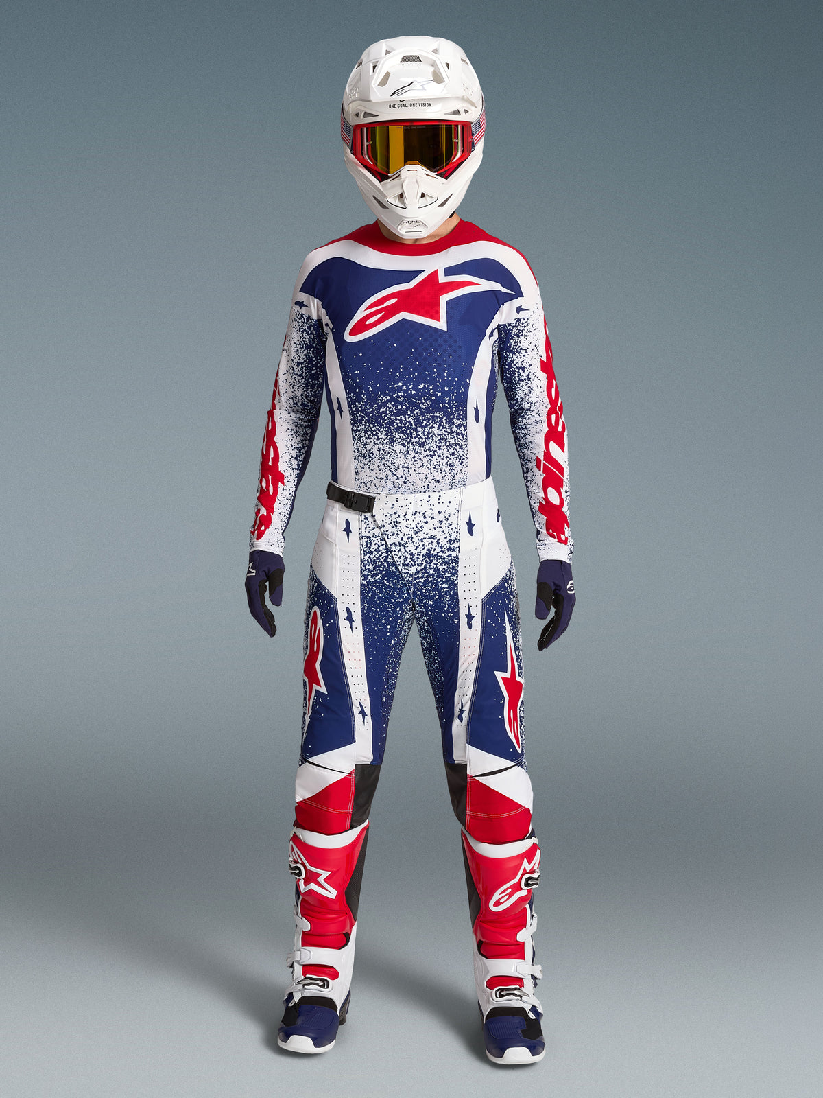 Alpinestars Limited Edition Techstar Unity Motocross Gear Set, red, white, and blue racing kit with star graphics.