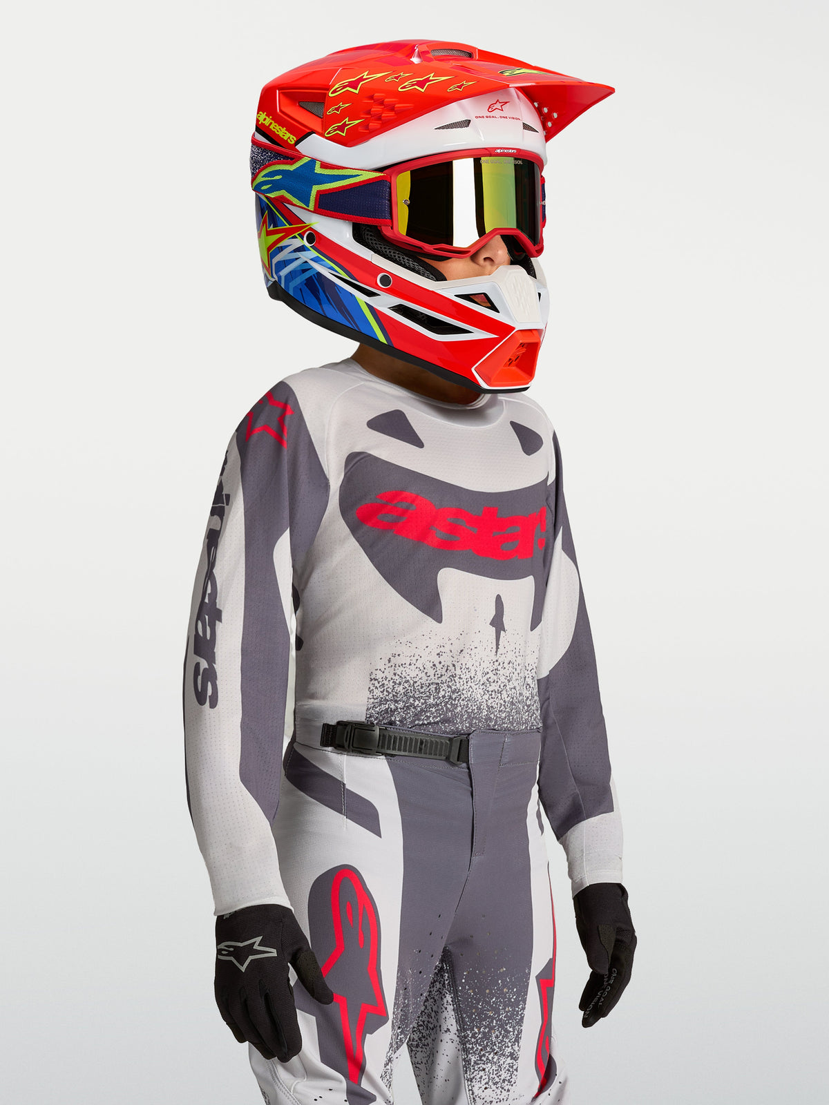 Alpinestars 2027 Youth Supertech Swan Jersey AND Gear Set, gray and red motocross racing outfit for youth riders.