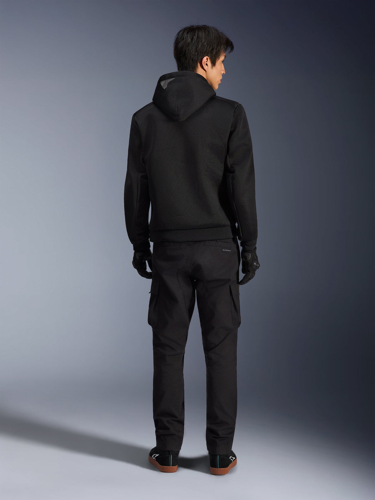 Alpinestars Chrome Superairflow Hoodie, Black Men’s Urban Motorcycle Hoodie with 3D Mesh, back view on model.