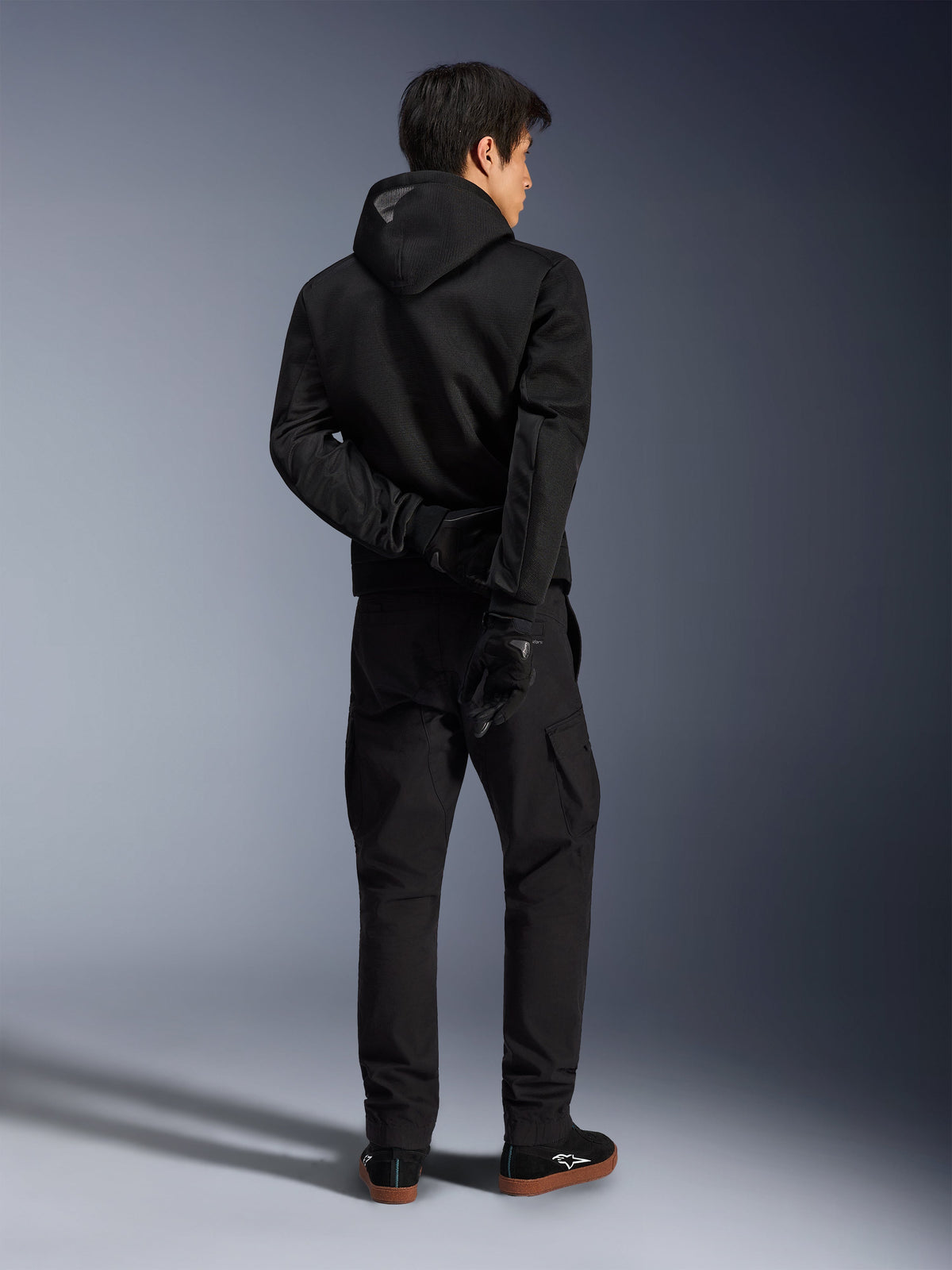 Alpinestars Chrome Superairflow Hoodie, Black Men's Mesh Riding Jacket, rear view with 3D mesh for urban commuting and sport.
