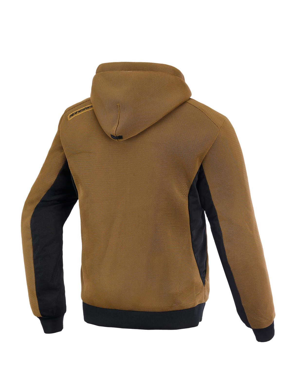 Alpinestars Chrome Superairflow Hoodie, back view in brown and black, featuring breathable 3D mesh for motorcycle riding.