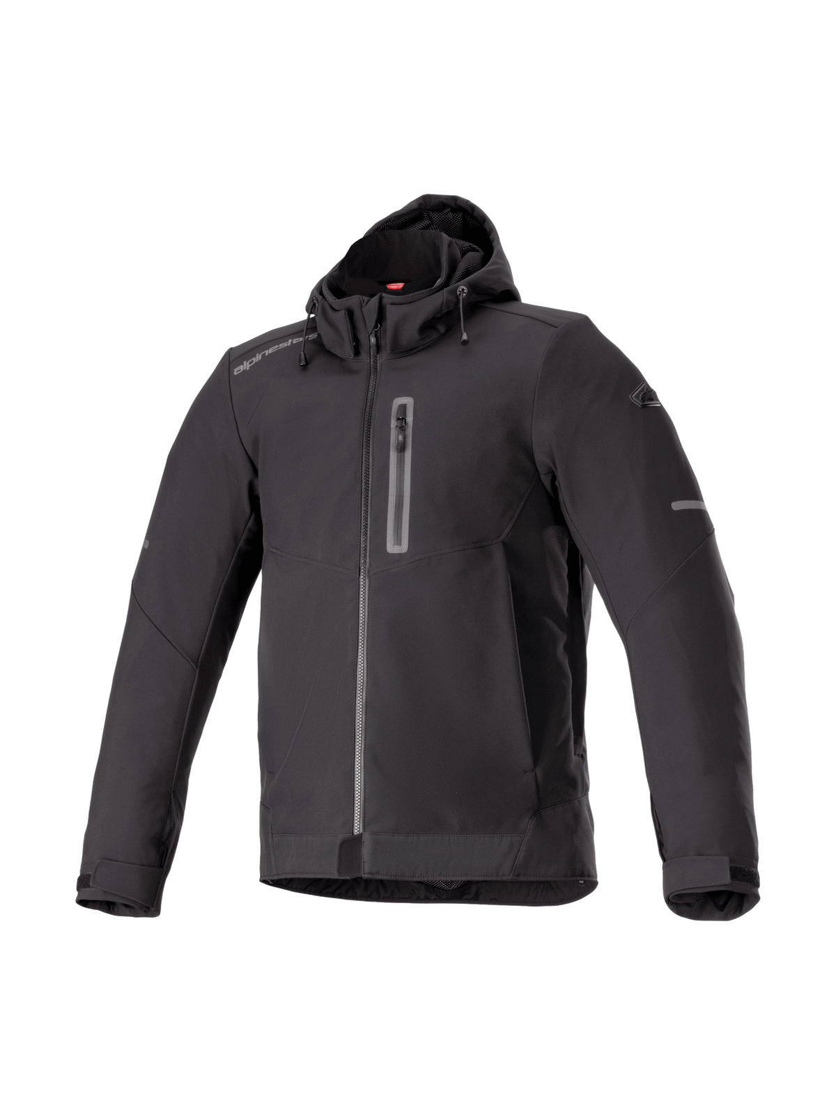 Alpinestars Neo Waterproof Hoodie, men's black urban motorcycle jacket, waterproof softshell textile, Tech-Air Ready.