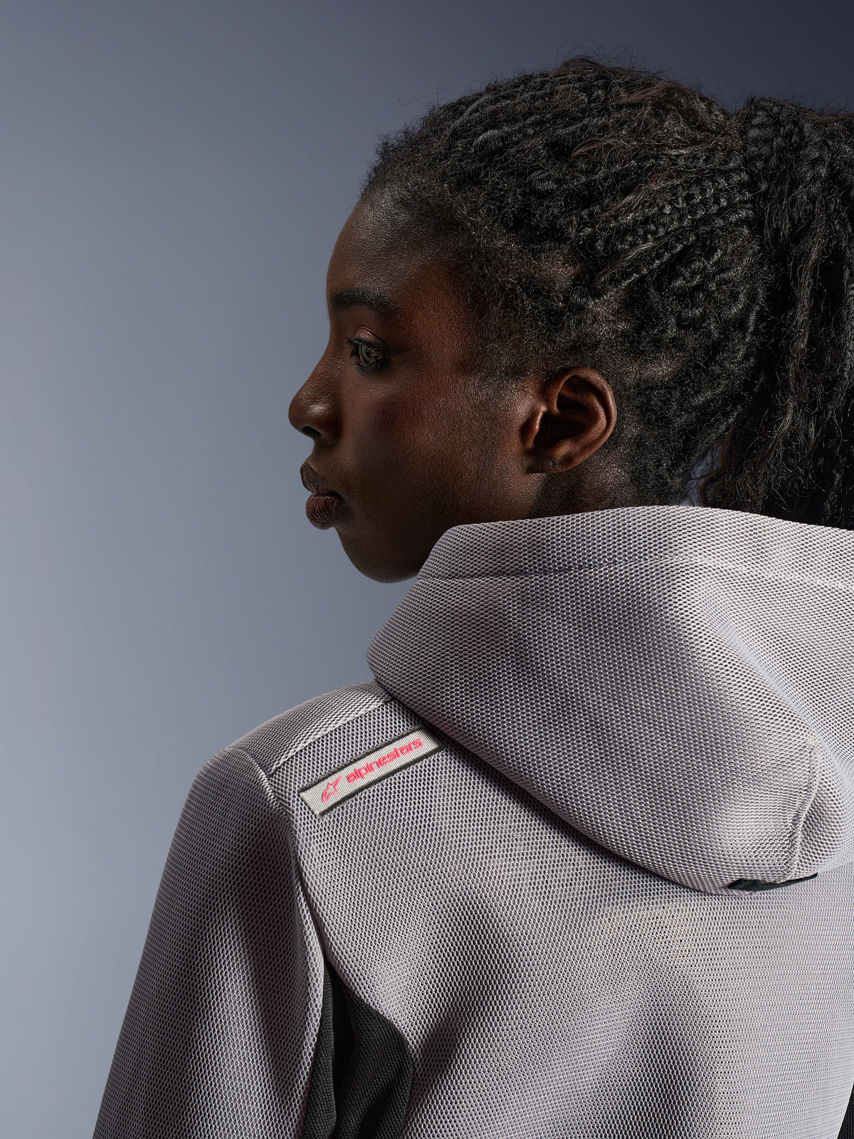 Alpinestars Women Stella Chrome Superairflow Hoodie, Urban Motorcycle Riding, Mid Gray and Black, 3D Mesh, Back Hood Detail.