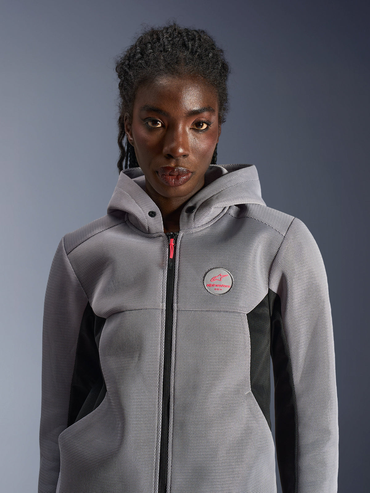 Alpinestars Women Stella Chrome Superairflow Hoodie, gray and black 3D mesh urban motorcycle gear with pink logo accents.