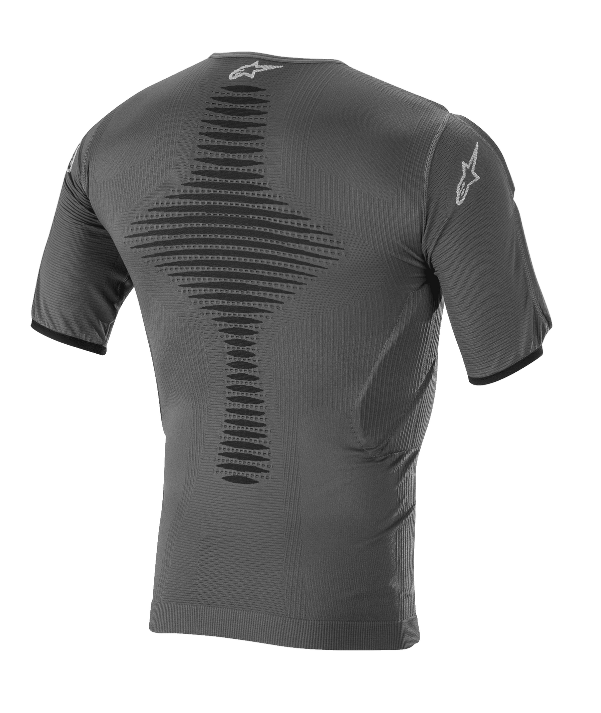 Alpinestars Roost Base Layer Top, Motocross Base Layer, Anthracite Black, back view featuring knitted breathable construction, textured central ventilation zone, short sleeves, and Alpinestars star logo on the collar and sleeve
