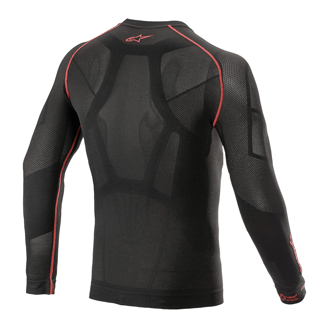 Alpinestars Ride Tech V2 Top Long Sleeve Summer, Motorcycle Base Layer, Black and Red, back view featuring body-mapped construction with open mesh inserts, red flatlock seams, and red Alpinestars logo on the back collar, technical underlayer for warm weather.