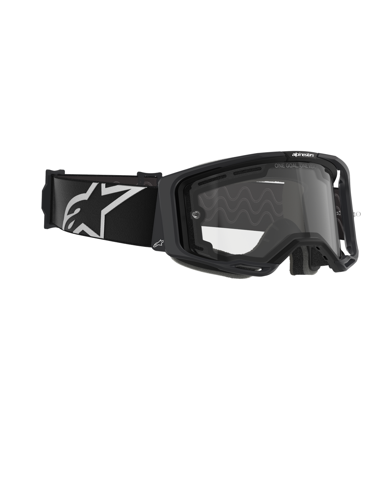 Alpinestars Vision 8 Corp Goggles, Dual Pane, Motocross Goggles, Black frame with Clear lens, wide black strap featuring a large white Alpinestars logo, technical eye protection for off-road racing