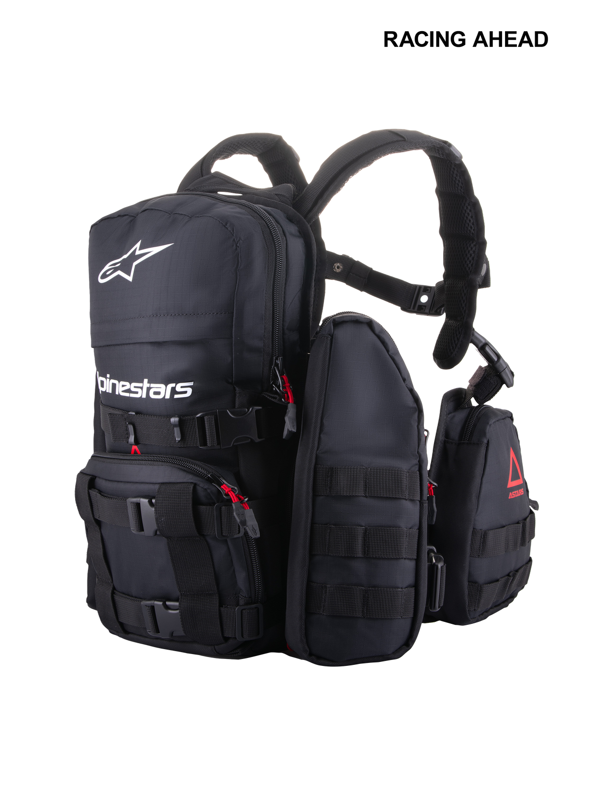 Alpinestars Techdura Tactical Pack, modular off-road and enduro backpack, Black with white Alpinestars logo, featuring MOLLE webbing, multiple removable pouches, and heavy-duty poly-fabric construction for trail storage.