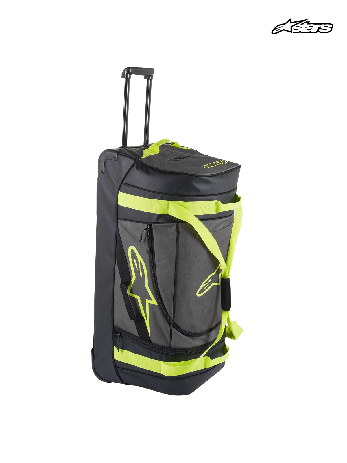 Alpinestars Komodo Travel Bag, rolling gear bag for motorsports and travel, black and anthracite with yellow fluo accents, featuring a retractable handle, durable wheels, and functional compartments for gear stowing
