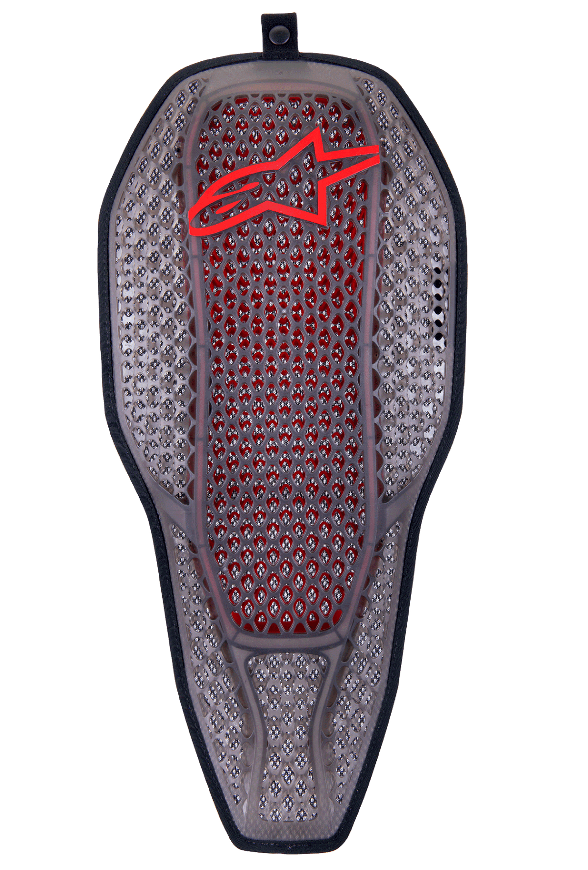 Alpinestars Nucleon Flex Proi Full Back Protector Insert, Transparent Smoke Red, smoke gray hexagonal cell structure with red inner core, red Alpinestars logo at the top, ergonomic elongated shield shape, highly ventilated motorcycle protection gear