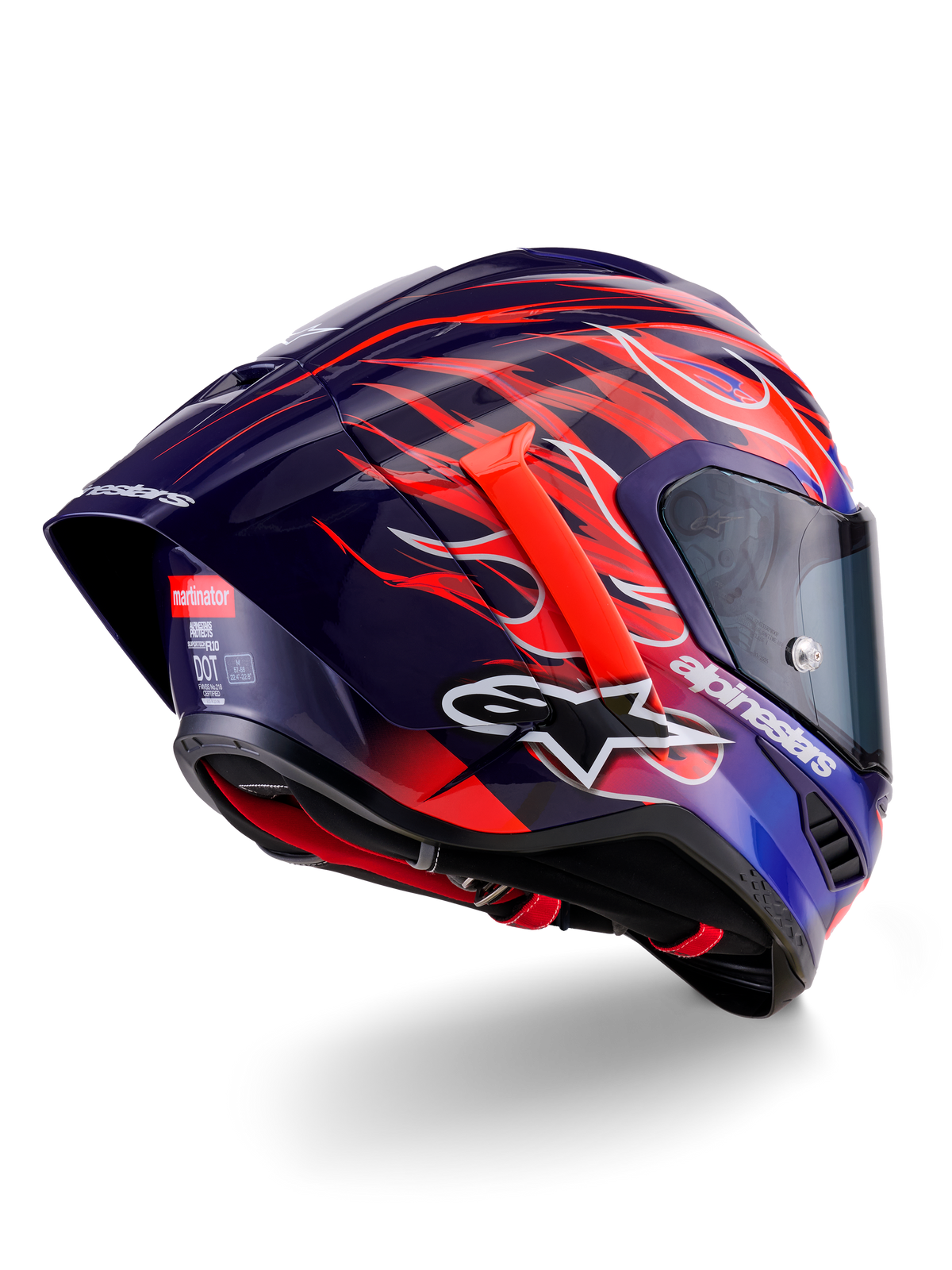 Alpinestars Supertech R10 Limited Edition Flyte Helmet, Full-Face Racing Helmet, Glossy Deep Purple and Blue with Orange and Red Flame Graphics, featuring white Alpinestars logo and aerodynamic rear spoiler, high-performance motorsport head protection