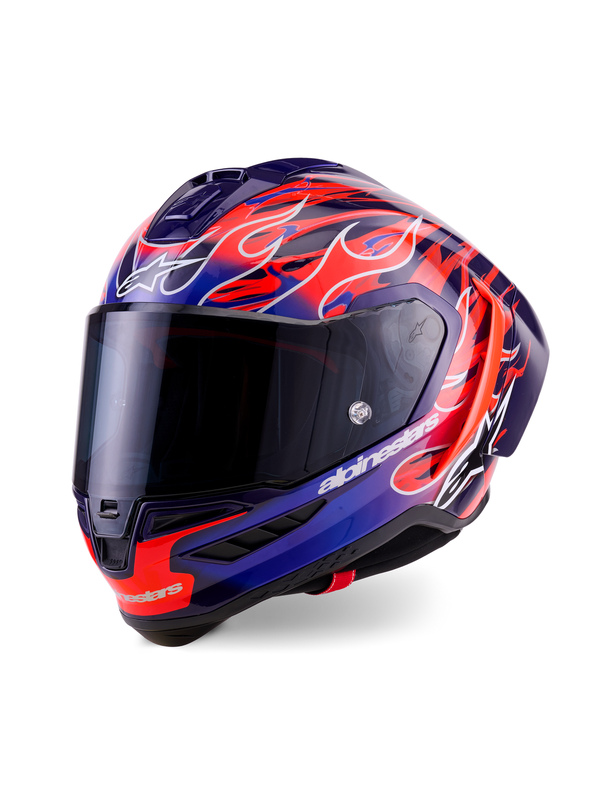 Alpinestars Supertech R10 Limited Edition Flyte Helmet, Full-Face Racing Helmet, Purple and Deep Blue with Vibrant Orange Flame Graphics, features a dark smoke visor and aerodynamic shell, high-performance motorsport gear