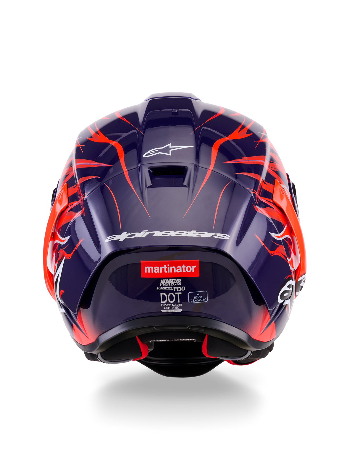 Rear view of the Alpinestars Supertech R10 Limited Edition Flyte Helmet, featuring a dark purple glossy shell with vibrant orange flame graphics, white Alpinestars branding, and the 'martinator' logo on the back.