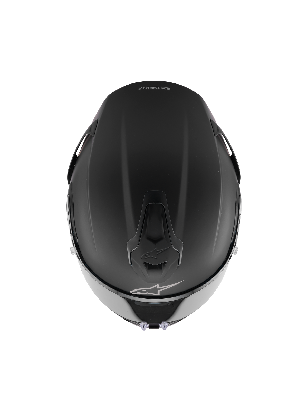 Alpinestars S-R7 Solid Helmet, matte black motorcycle racing helmet viewed from the top showing carbon composite construction, advanced aerodynamics, and visor detail, ECE/DOT certified