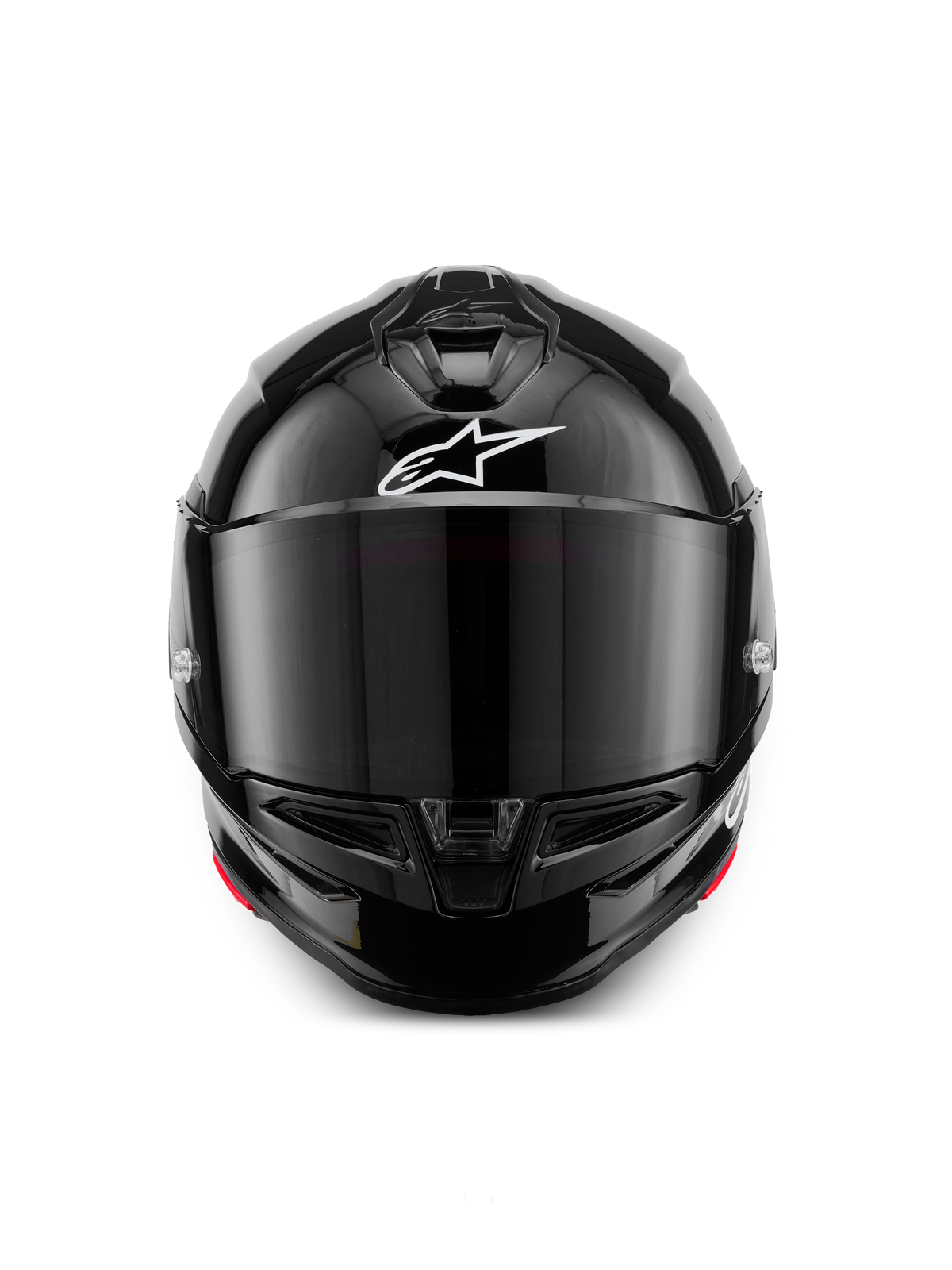 Alpinestars S-R7 Solid Helmet, Black Glossy motorcycle helmet with ECE06 and DOT certification, featuring a carbon composite shell, tinted visor, and white Alpinestars logo on the front