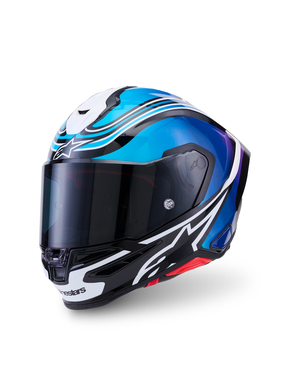 Alpinestars S-R7 Zeal Helmet ECE06/DOT, Motorcycle Racing Helmet, Black, Blue, and White, featuring aerodynamic carbon composite construction and ECE certification