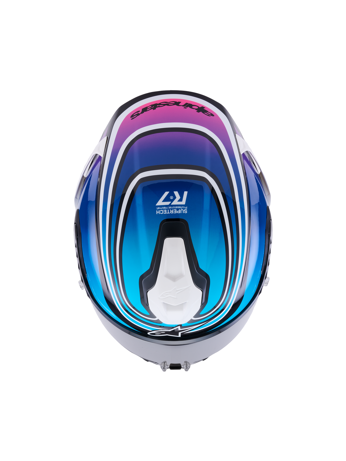 Alpinestars S-R7 Zeal Helmet ECE06/DOT, Motorcycle Racing Helmet, Top View, Black, Blue, Pink Fluo, and White Glossy, carbon composite construction