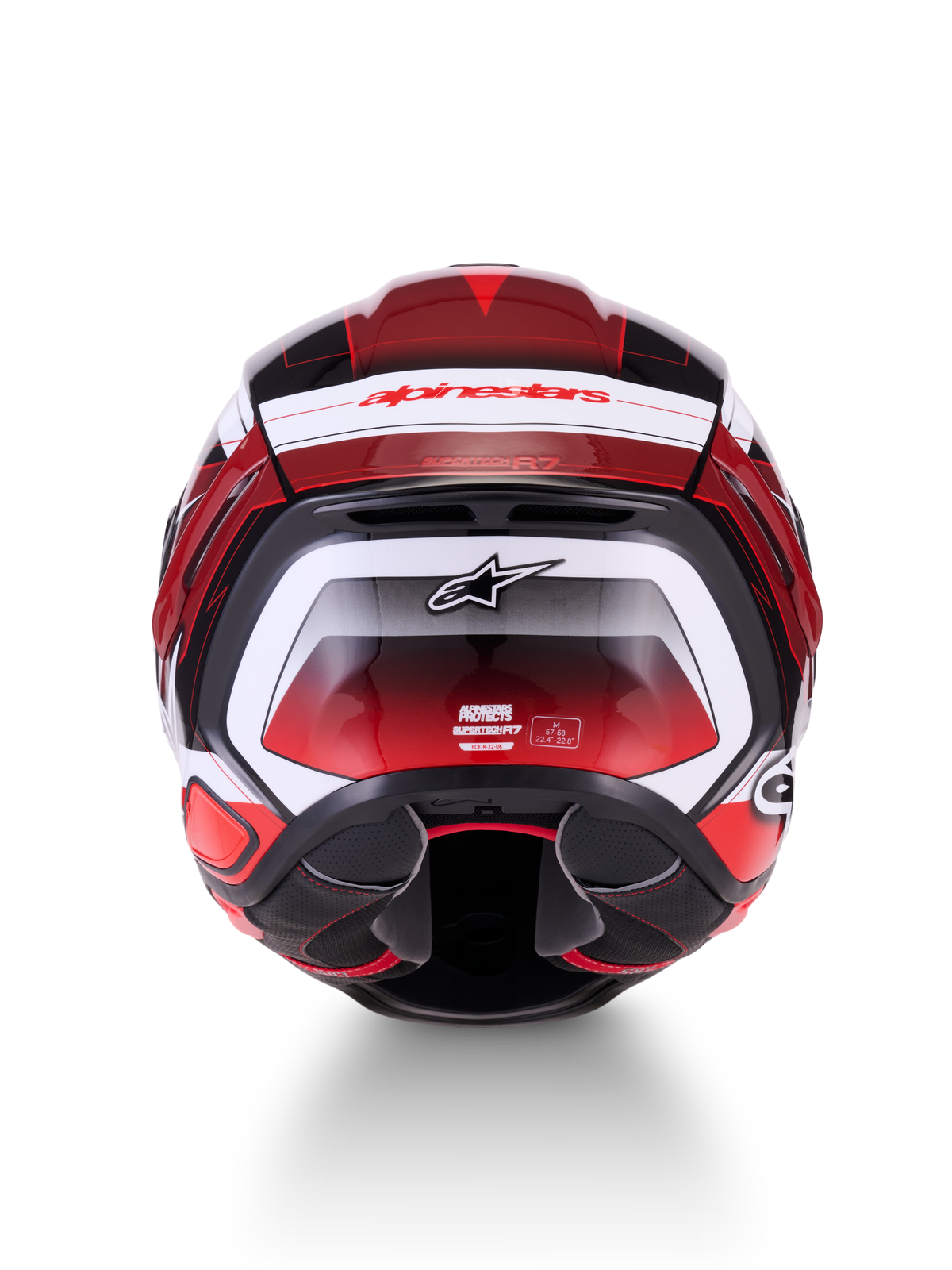 Alpinestars S-R7 Kinetis Helmet, full face motorcycle racing helmet, rear view showing black, red, and white glossy graphic layout with brand logos and ECE certification details