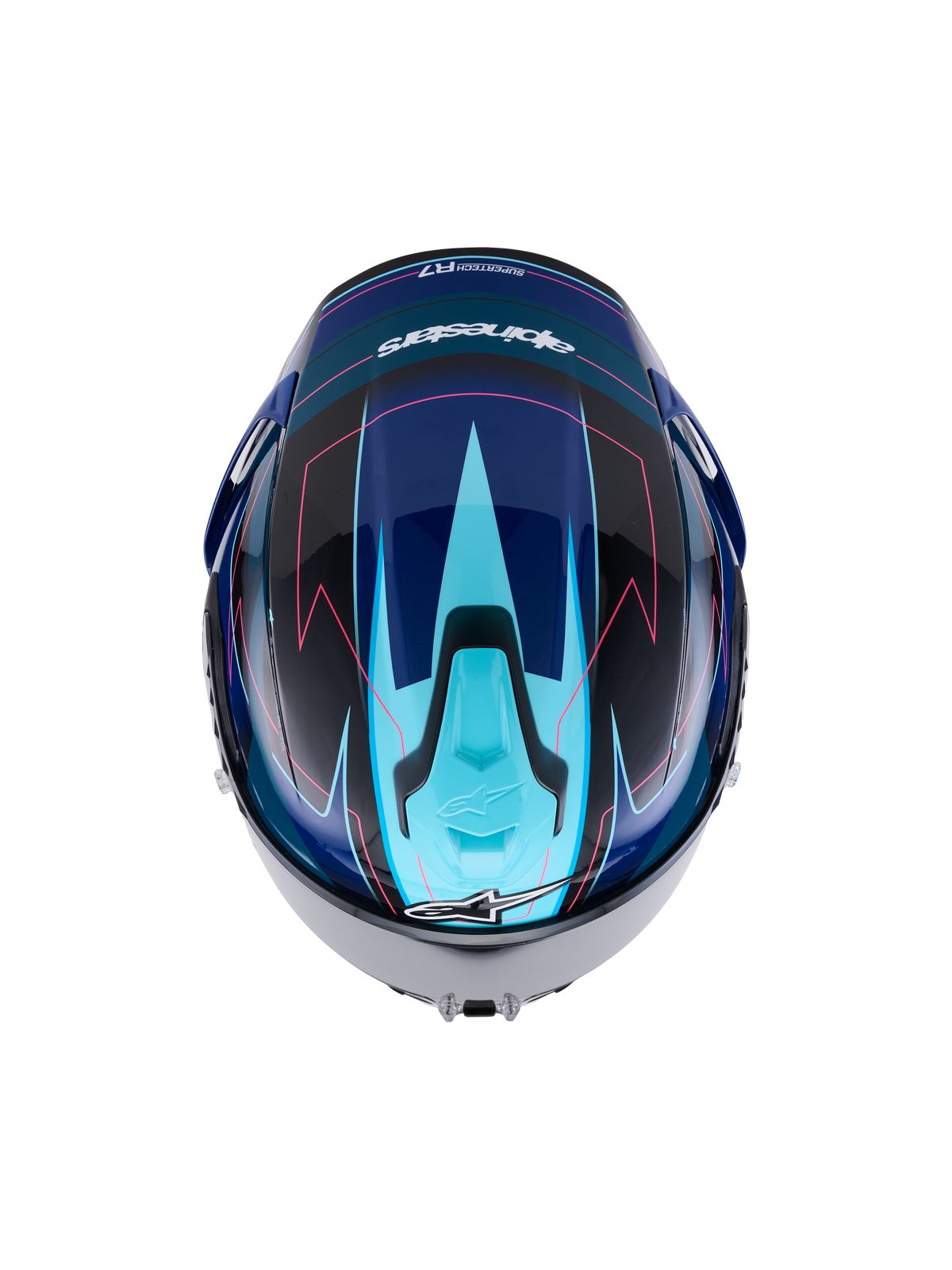 Alpinestars S-R7 Kinetis Helmet, full face motorcycle helmet in Black, Blue, Pink Fluo, and White Glossy, top-down view showing aerodynamic design and graphic details, ECE 22.06 certified carbon composite construction