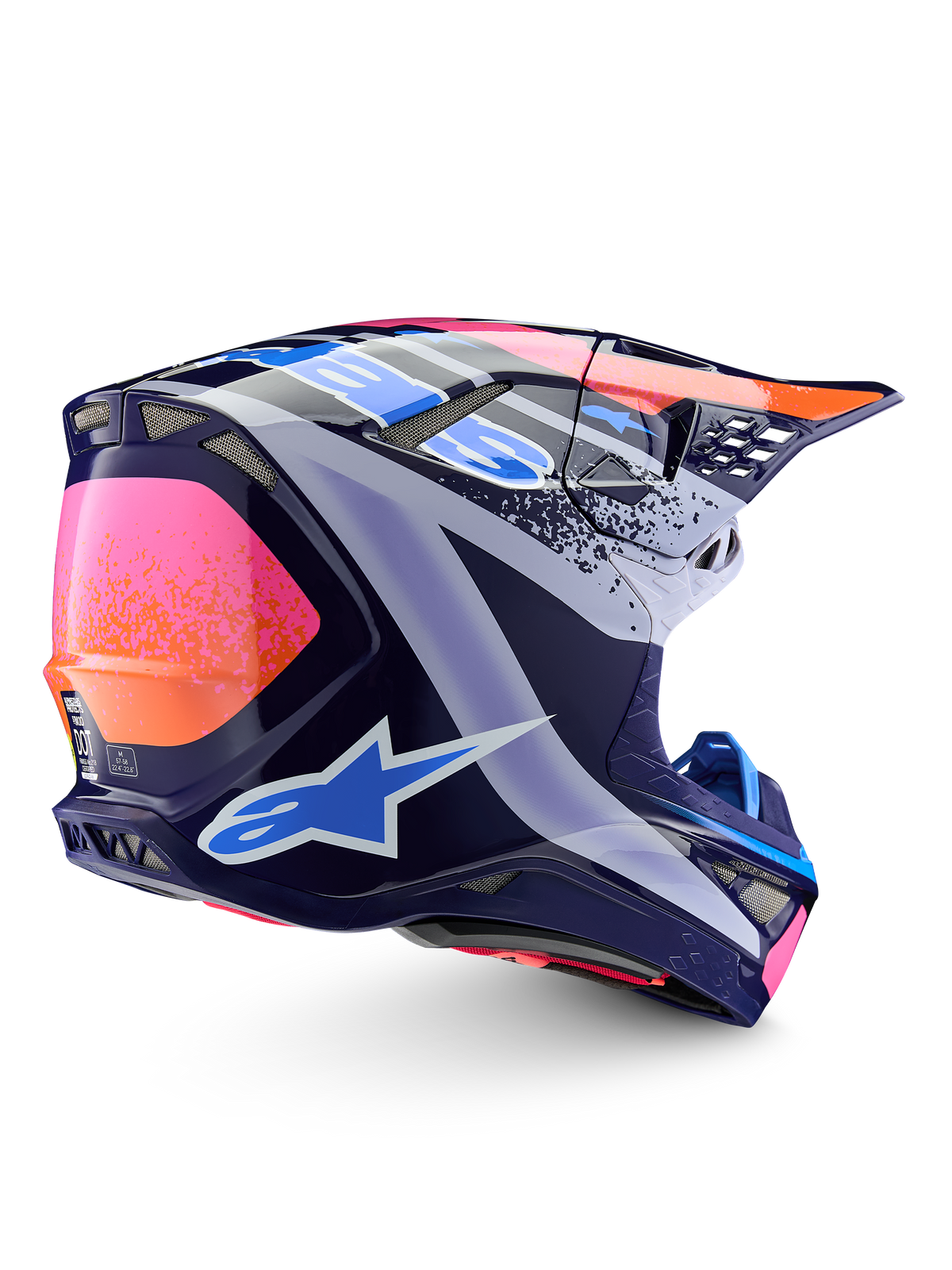 Alpinestars Supertech M10 Records Helmet, navy blue and pink motocross helmet, ECE and DOT certified racing gear.