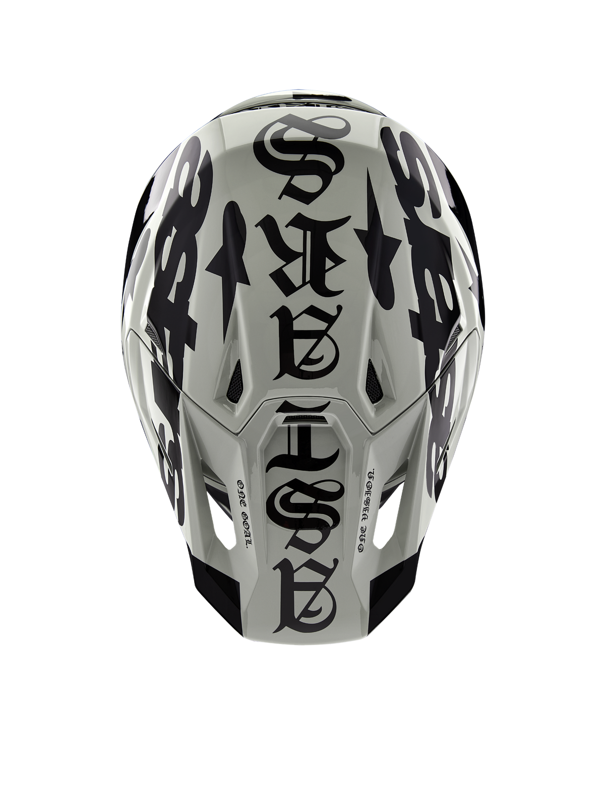 Alpinestars Limited Edition S-M7 Wolf Dust Helmet, grey and black motocross helmet featuring unique gothic graphics.