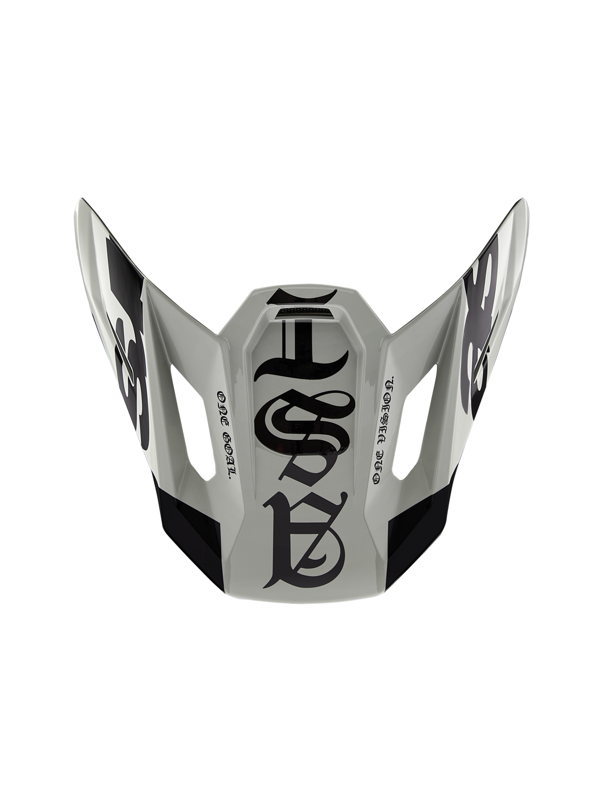 Alpinestars Limited Edition S-M7 Wolf Dust Visor 22.06, Motocross Helmet Replacement Peak, Dune and Black Glossy, featuring gothic-style graphics and 'ONE GOAL' 'ONE VISION' text, aerodynamic design for off-road racing