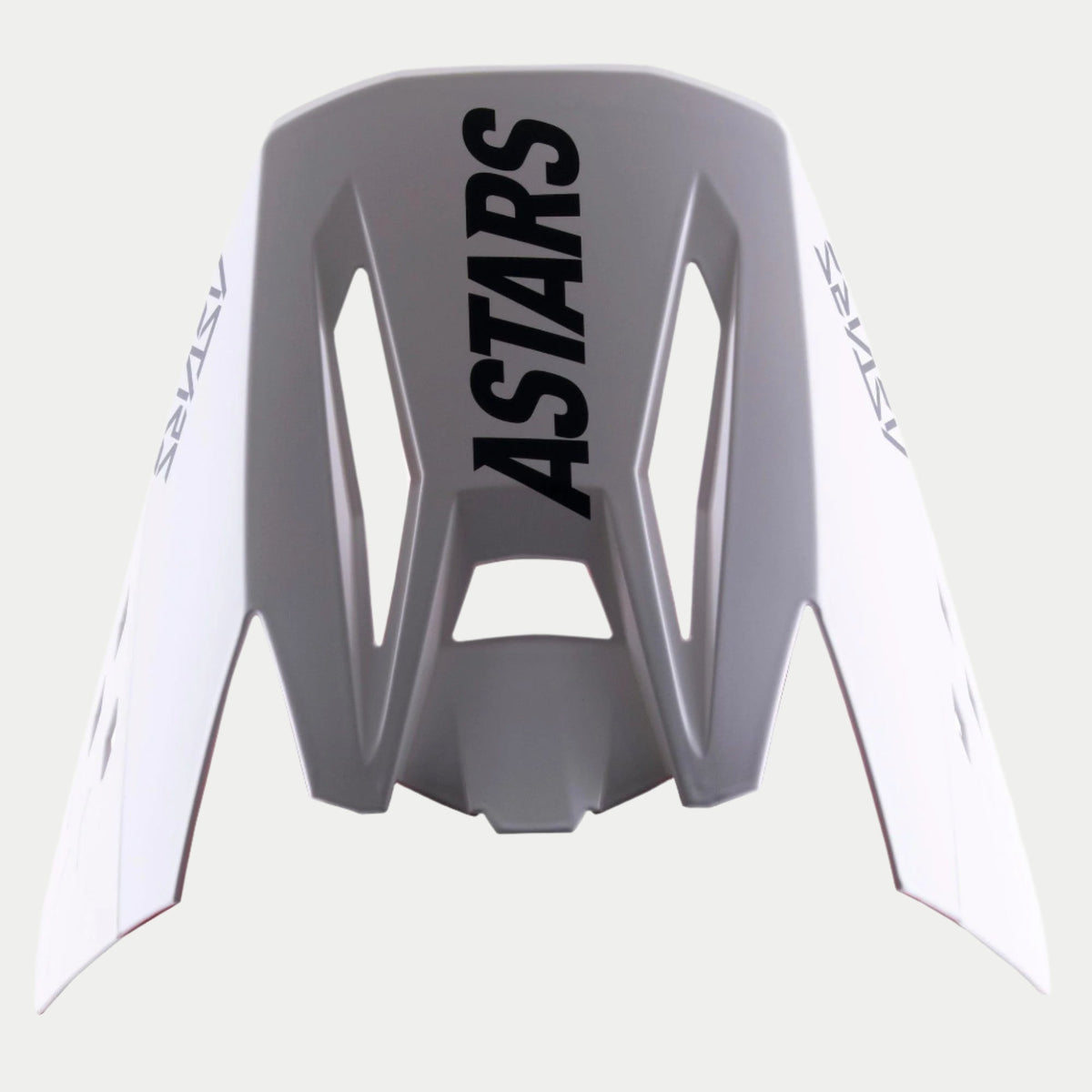 Alpinestars S-M5 Rayon Visor, replacement motocross helmet peak, grey with bold black ASTARS branding on top and sides, matte finish, featuring an angular design with ventilation cutouts for off-road performance