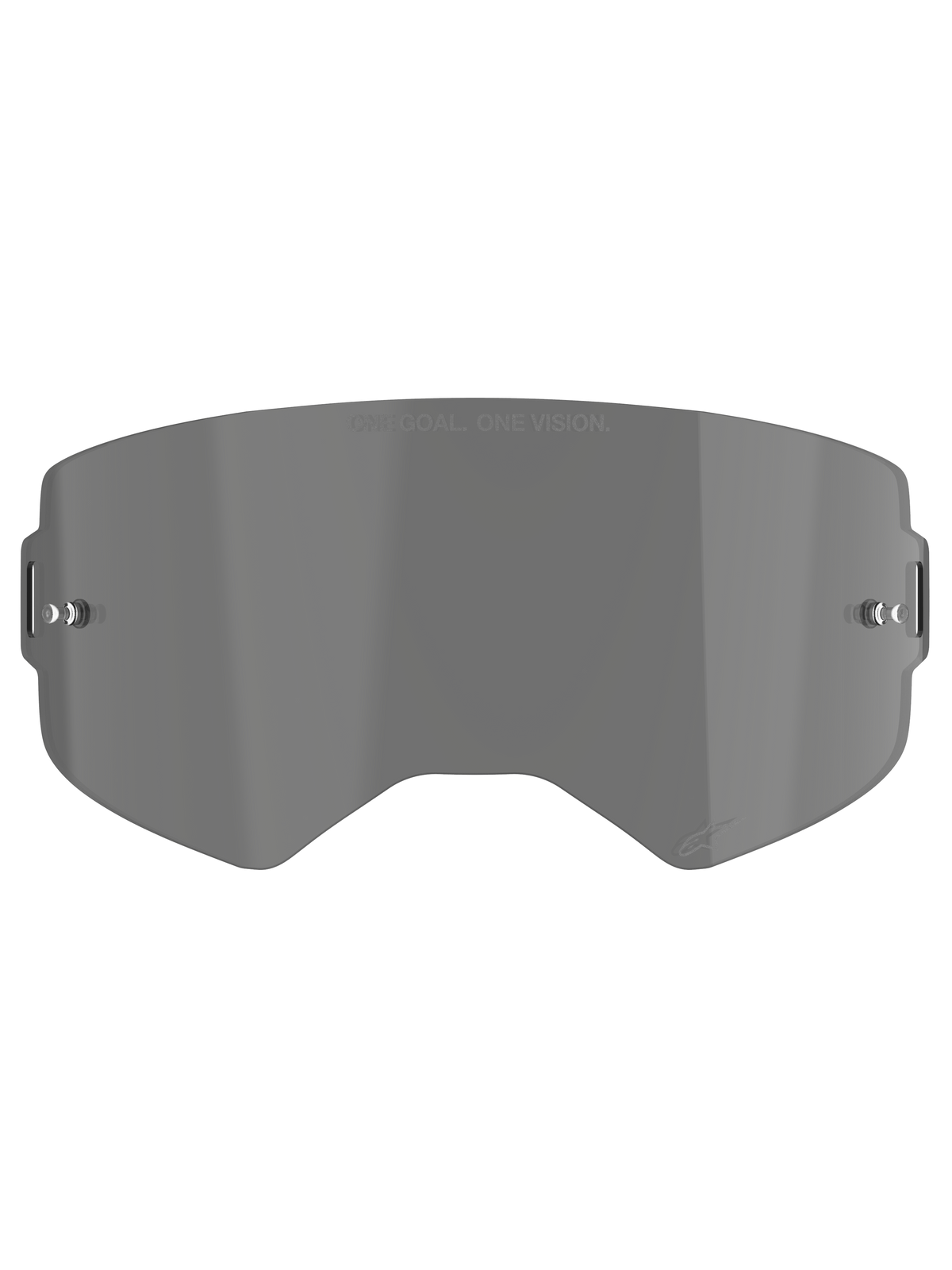 Alpinestars Supertech Smoke Lens, Dark Smoke replacement lens for motocross goggles, curved injection-molded polycarbonate shield with tear-off posts, featuring 'ONE GOAL. ONE VISION.' branding and Alpinestars star logo