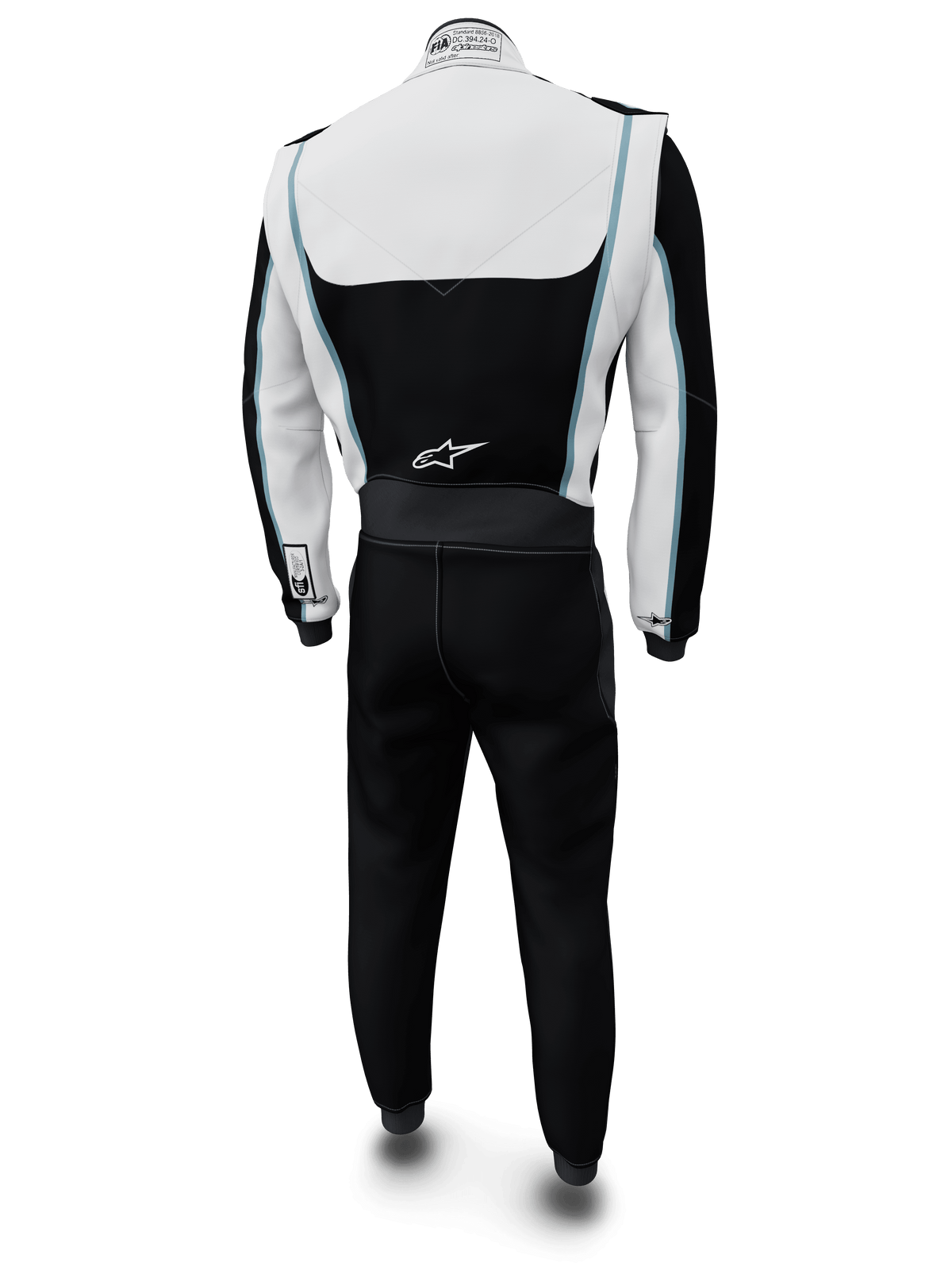 Alpinestars Tech Vision V3 Custom Suit, Auto Racing Suit, White and Black with light blue accents, rear view, featuring Alpinestars logo on the lower back and FIA certification label on the collar, professional fire-retardant racing apparel with Nomex construction