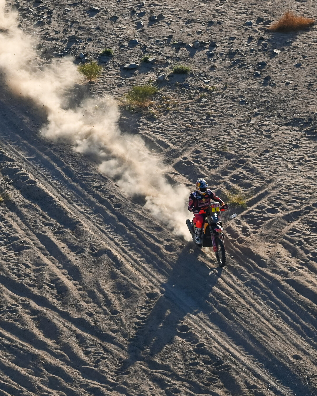 Toby Price riding a Dakar rally bike on a sandy desert landscape with dust trail