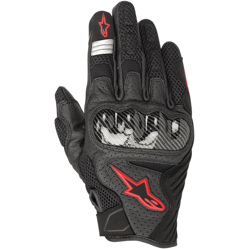 Alpinestars SMX-1 Air V2 Gloves, Motorcycle Road Riding Gloves, Black and Red Fluo, featuring a hard carbon fiber-style knuckle protector, red Alpinestars star logo, silver reflective stripes, and perforated leather with breathable mesh panels.