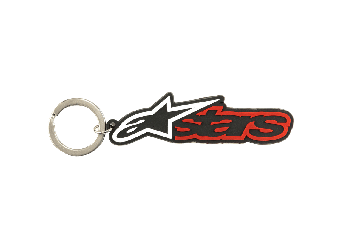 Alpinestars Blaze Key Fob, 3D rubber keychain in Black and Red, featuring the white and black star logo and red outlined text, durable metal snap ring, motorsport-inspired accessory