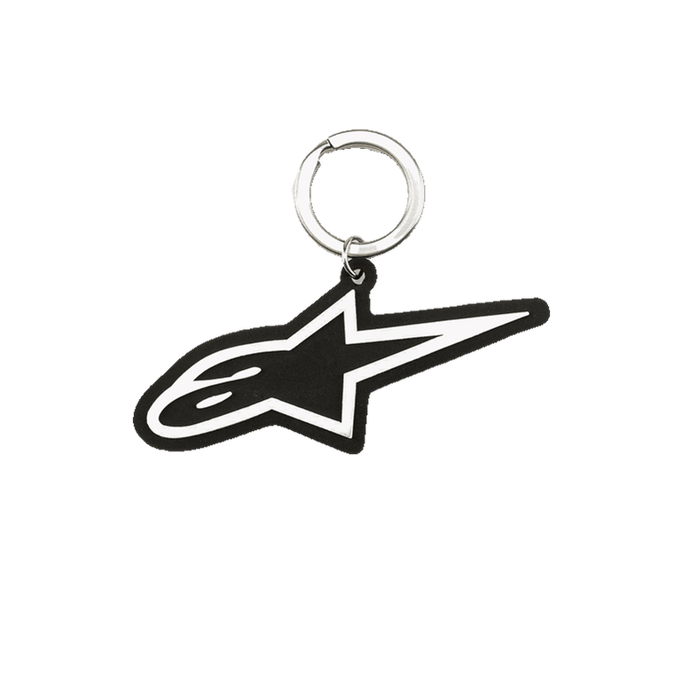 Alpinestars Ageless Key Fob, 3D Rubber Keychain, Black and White Blaze logo design, silver metal snap ring, motorsport-inspired accessory