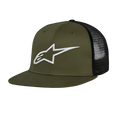 Alpinestars Corp Trucker Hat, flat bill trucker hat, military green and black, white 3D embroidered Alpinestars logo on front, twill front and mesh back, casual motorsport headwear