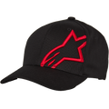 Alpinestars Corp Shift 2 Curved Brim Baseball Cap, Black with a large red flat-embroidered star logo on the front left panel, Flexfit curved brim, six-panel construction, casual motorsport-inspired headwear