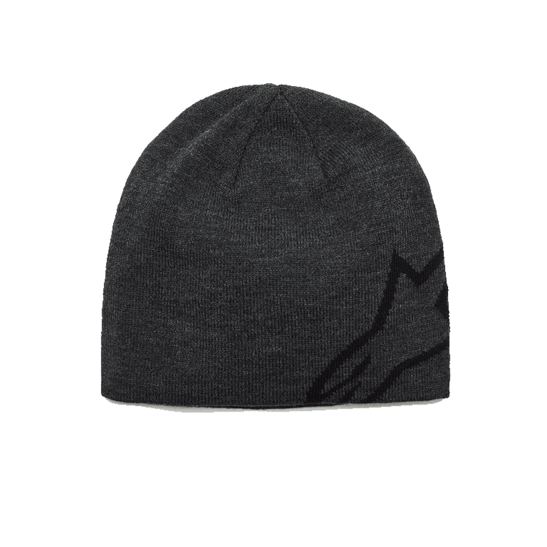 Alpinestars Corp Shift Beanie, Knit Beanie, Charcoal Heather and Black, featuring a large black jacquard Alpinestars logo on the side, sweater knit jersey stitch construction, casual motorsport-inspired winter headwear