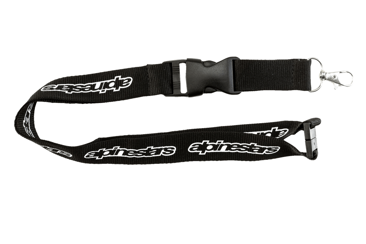 Alpinestars Core Lanyard, Black, featuring white repeating Alpinestars logo, plastic breakaway and detachable buckle, metal swivel clip, durable ribbed polyester construction for keys and ID cards