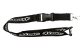 Alpinestars Core Lanyard, Black, featuring white repeating Alpinestars logo, plastic breakaway and detachable buckle, metal swivel clip, durable ribbed polyester construction for keys and ID cards